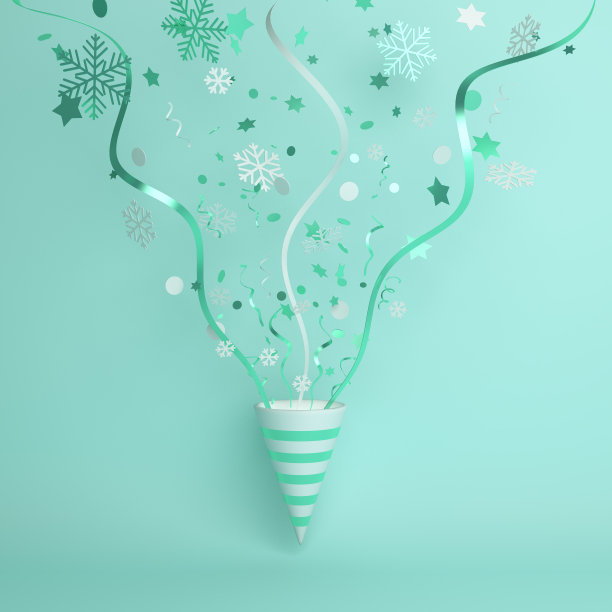 冬季抽象设计创意概念，泡泡筒，雪花图标闪闪发光的五彩纸屑散落在绿色薄荷背景。图片下载