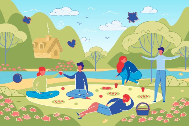 朋友和情侣在公园或森林野餐。图片下载