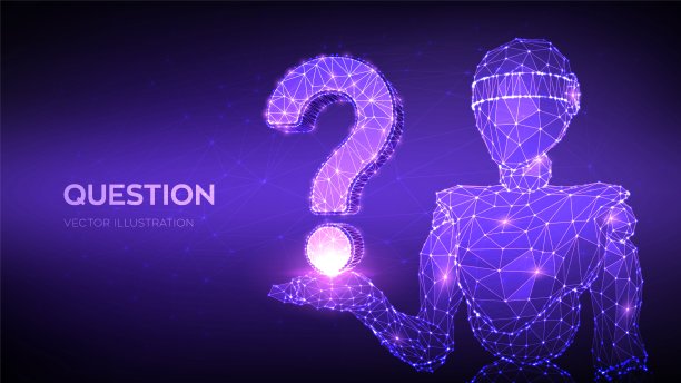 问号。摘要三维低多边形机器人持有问题符号。问的象征。帮助支持，常见问题，思考教育概念，困惑搜索插图或背景。矢量插图。图片下载