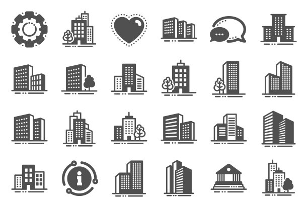 建筑图标。银行、酒店、法院。城市建筑，摩天大楼。向量图片下载