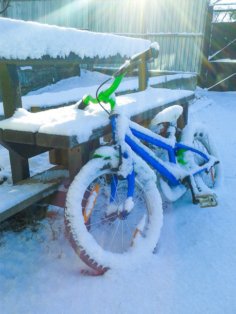 不期而至的秋雪。被遗忘在大街上的自行车被雪覆盖了图片下载