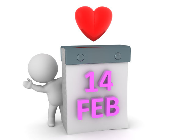 3D角色挥手从后面的日历显示情人节图片下载