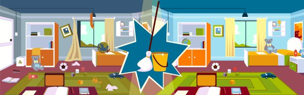 室内儿童房前后用拖把和水桶进行卡通风格的清洁。图片下载