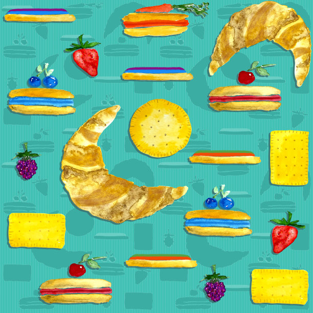 无缝模式与蛋糕，饼干和浆果，明亮的水彩插图的咖啡馆图片下载