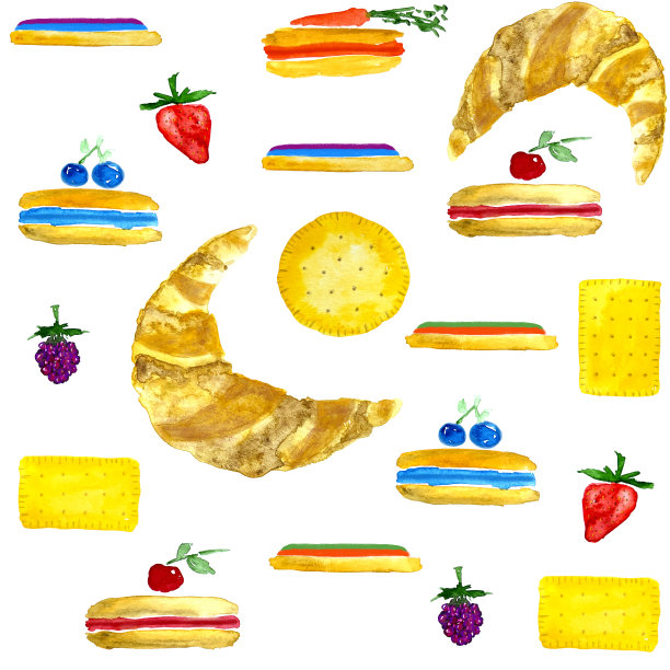 无缝模式与蛋糕，饼干和浆果，明亮的水彩插图的咖啡馆图片下载