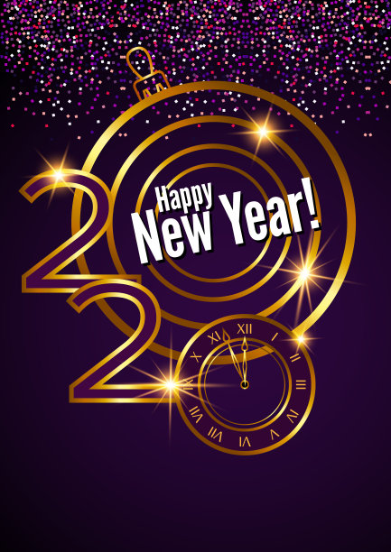 贺卡。金色文字，2020年新年快乐。金色的粒子在黑色的背景上飞行。图片下载