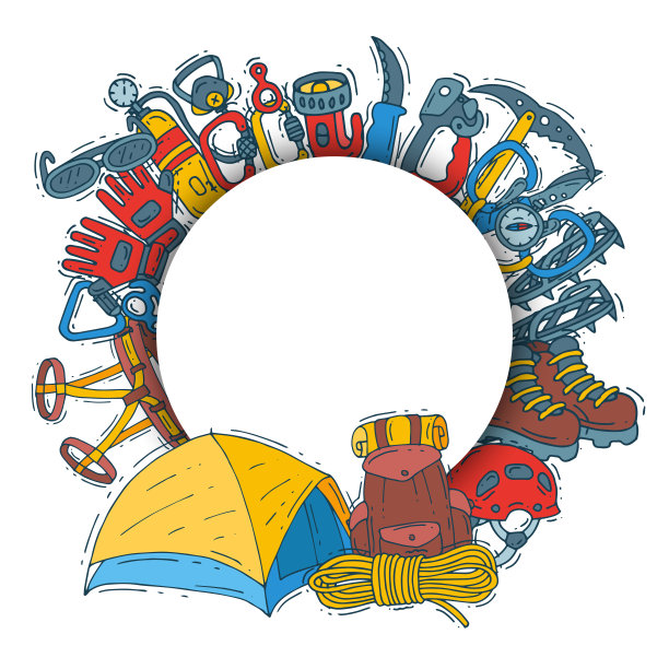 远足设备圈矢量集插图。山climbi图片下载