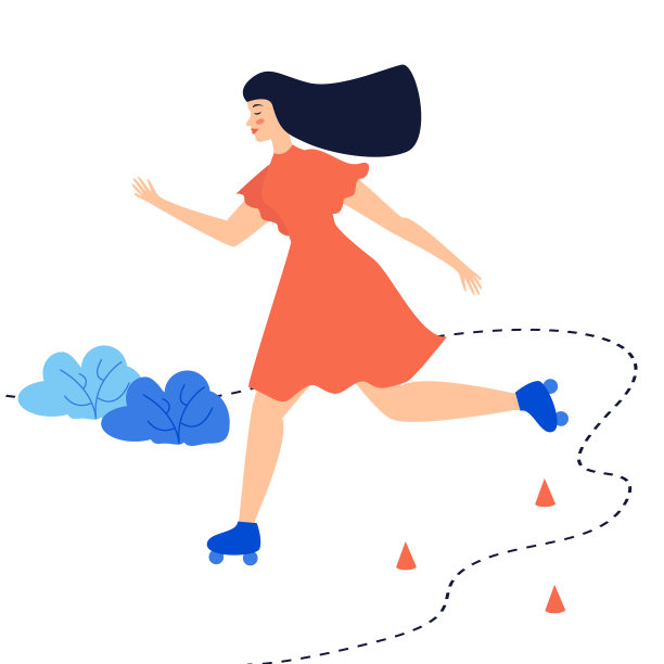 一个女孩穿着红色的裙子在公园的锥体之间滑旱冰的插图。图片下载