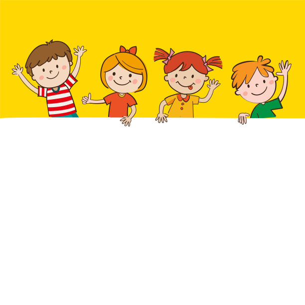 卡通快乐的孩子在黄色背景拿着空白横幅。图片下载