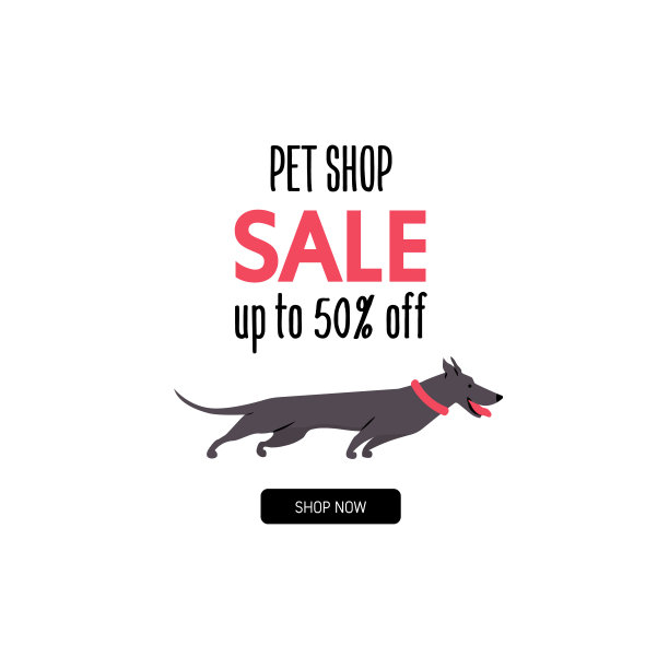卡通风格的腊肠犬图标。文本“宠物店。出售。最多打五折。”图片下载