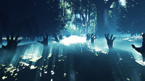 黑暗神秘迷雾沼泽森林景观。死去的手从地上伸出，蒸汽从沼泽中升起，这是万圣节的背景。三维渲染图片下载