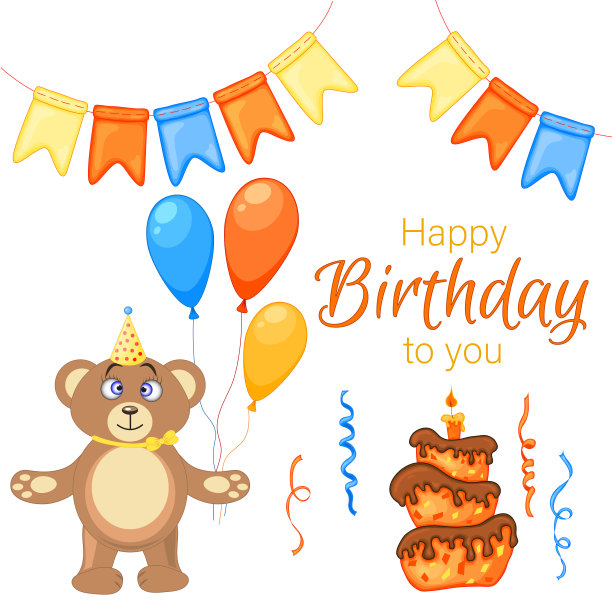 派对设置与熊和彩色的项目在一个白色的背景。铭文“生日快乐”。五彩缤纷的。向量。图片下载