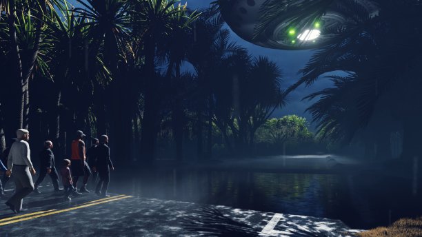 一群人在等待外星人的召唤。人们走在潮湿的高速公路上，上面有一个外星人UFO。用于小说，未来主义，科幻或星际背景。三维渲染图片下载