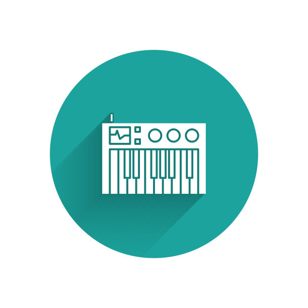 白色音乐合成器图标孤立与长阴影。电子钢琴。绿色圆圈按钮。矢量图图片下载