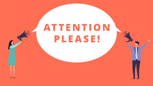 请注意。小人拿着扩音器和写着重要信息的横幅。注意向量的概念图片下载