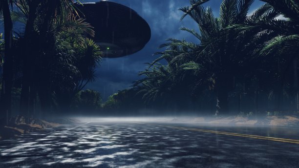 一个外星不明飞行物飞过高速公路。用于科幻、未来、幻想或星际背景。三维渲染图片下载