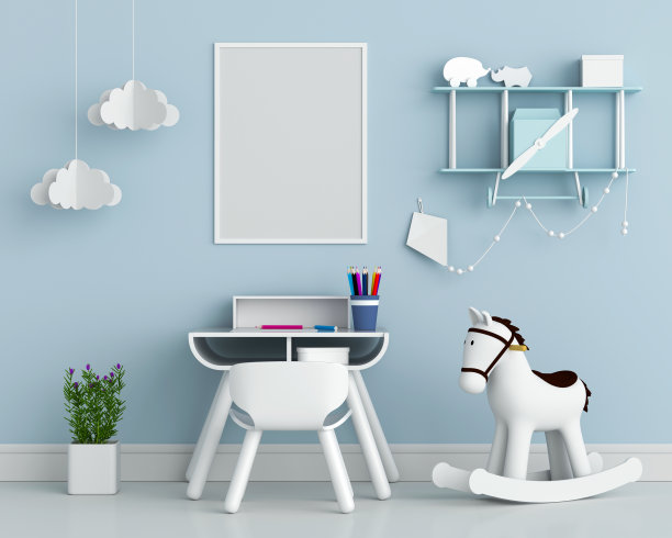 蓝色儿童房模型的空白相框，3D渲染图片下载