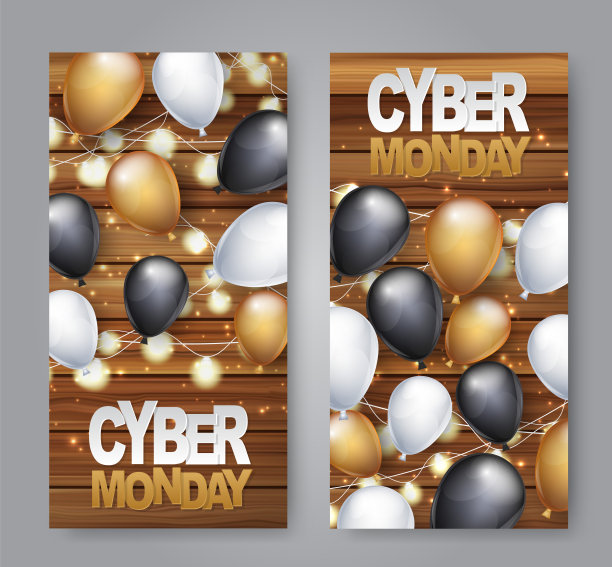 网络星期一垂直横幅设计模板。大的销售广告促销概念与气球，发光的花环，在木板木板的背景和印刷文字。矢量插图。图片下载