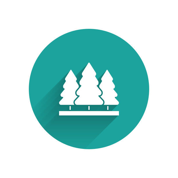 白色的圣诞树图标孤立与长长的影子。圣诞快乐，恭贺新禧。绿色圆圈按钮。矢量图图片下载