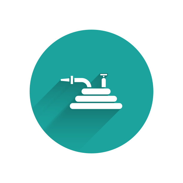 白色花园水龙带或消防水龙带图标与长阴影隔离。喷枪图标。灌溉设备。绿色圆圈按钮。矢量图图片下载