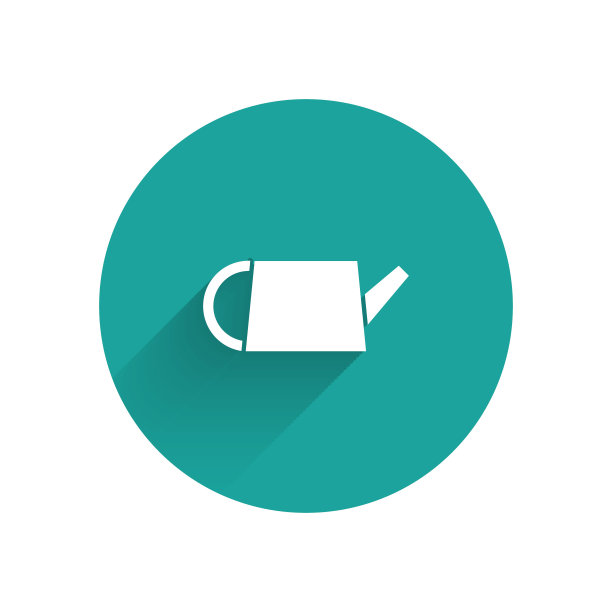 白色喷壶图标孤立与长影子。灌溉的象征。绿色圆圈按钮。矢量图图片下载