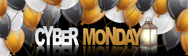 网络星期一促销标语。网站或通讯标题。特别优惠的折扣。黑色玻璃表面刻字，还有灯笼和气球。矢量插图。图片下载