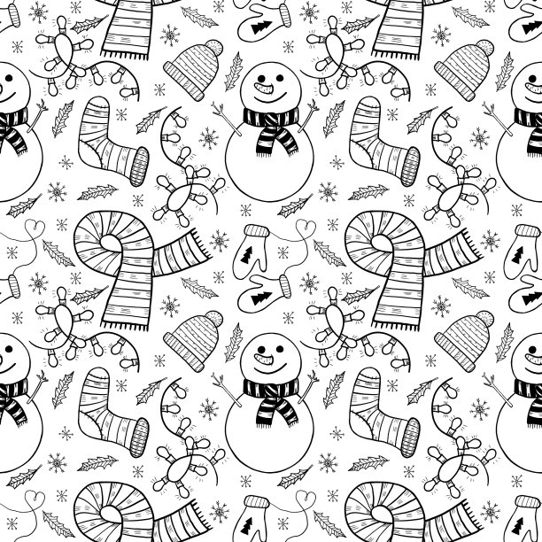 无缝Сhristmas单色图案。温暖的衣服，一个雪人和一个冬青明信片，剪贴簿，包装纸，织物和更多的数字绘图。图片下载