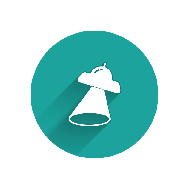 白色UFO飞行飞船图标孤立与长影子。飞碟。外星人的宇宙飞船。未来未知飞行物。绿色圆圈按钮。矢量图图片下载