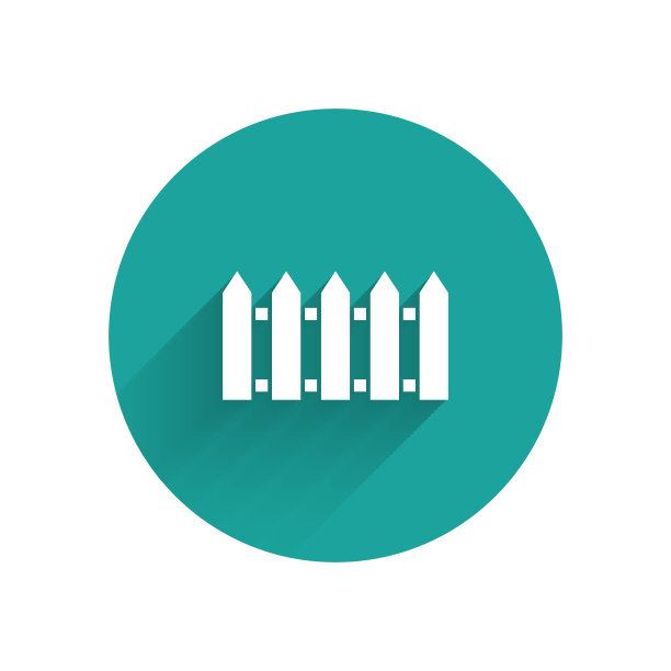 白色花园栅栏木制图标孤立与长影子。绿色圆圈按钮。矢量图图片下载