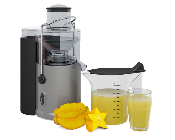 杨桃汁与电动榨汁机，3D渲染孤立的白色背景图片下载