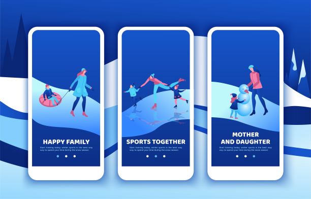 简单的家庭移动应用模板设置，垂直布局，智能手机ui设计，等角最小的人上油管，做雪人，妈妈，女儿滑冰，快乐的孩子，矢量冬季运动图片下载