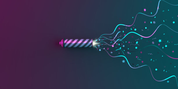 新年快乐设计创意概念，烟花火箭和闪闪发光的五彩纸屑在绿色紫色梯度的背景。复制空间文本区。图片下载