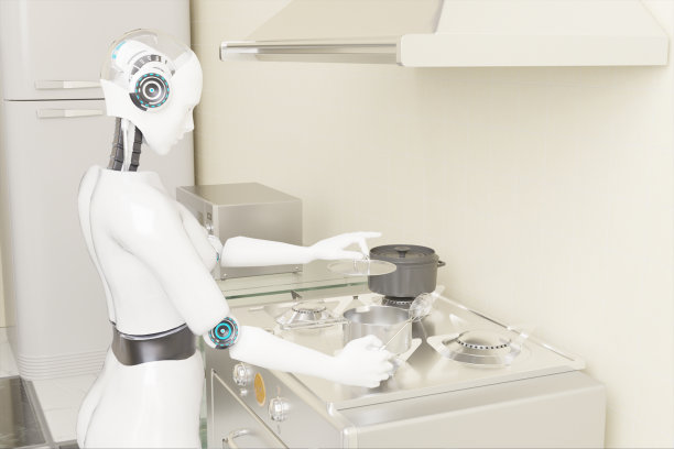 3d渲染ai烹饪机器人人工智能烹饪食物在未来的概念图片下载