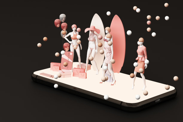 智能手机上的人体模型被购物袋和礼品盒包围，黑色背景是信用卡。三维渲染图片下载