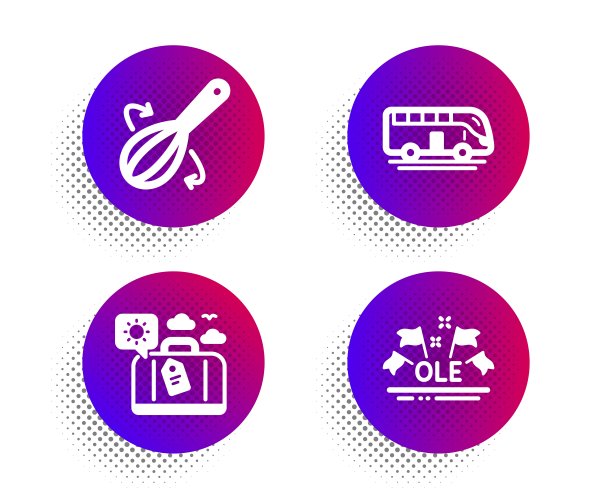 烹饪搅拌器，旅行行李和巴士旅游图标集。Ole圣歌的迹象。餐具，旅行包，交通工具。向量图片下载