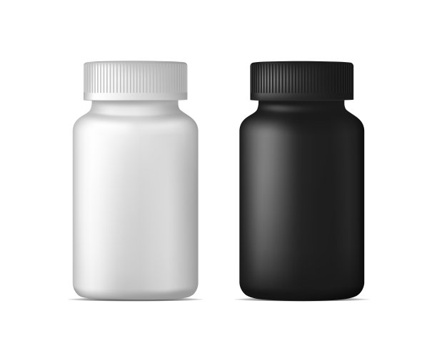 现实的矢量药丸瓶。白色和黑色塑料药品容器的药品。运动、健康和营养补充。模型模板。图片下载