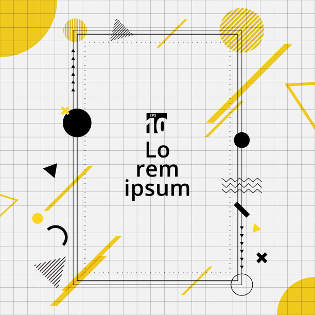 创意模板矩形框架边框黄色和黑色几何圆，三角形，线网格背景孟菲斯风格。图片下载