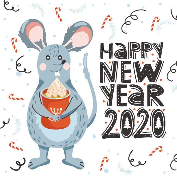 新年贺卡，可爱的鼠标和可可杯。鼠是中国2020年的象征。图片下载