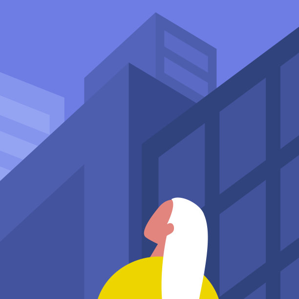 现代城市景观，年轻女性的性格看城市中心的建筑，摩天大楼和办公大楼图片下载