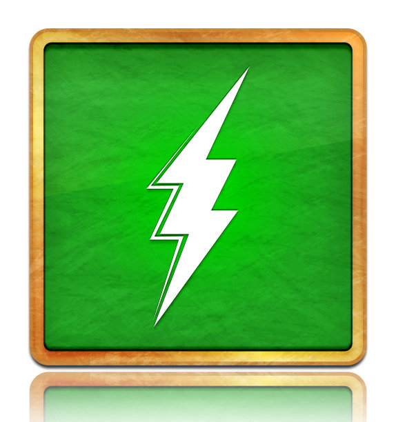 闪电图标粉笔板绿色方形按钮石板纹理木制框架概念孤立在白色背景与阴影反射图片下载