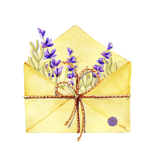 打开里面有鲜花和小树枝的信封。手特写水彩插图孤立的白色背景。情人节、母亲节、国际妇女节的节日设计。图片下载