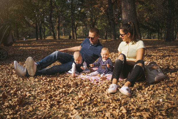 快乐的父母和双胞胎有一个美好的家庭时间在公园图片下载