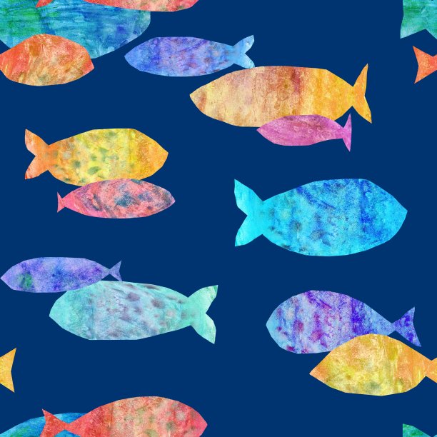 鱼在天真风格无缝模式。数字手绘图片与手绘纹理。背景为标题，图像为博客，装饰。图片下载