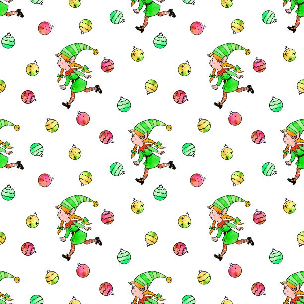 无缝图案有圣诞精灵女孩，树球。新年圣诞的背景和纹理。适用于贺卡、包装纸、包装、纺织品、织物、印刷品等图片下载