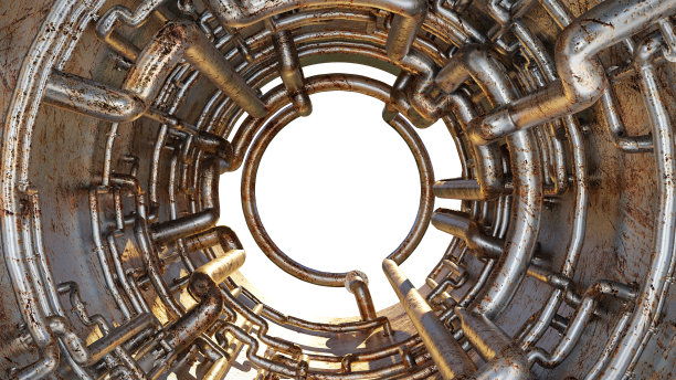 管道，隧道与旧的和生锈的金属管隔离在白色的背景图片下载