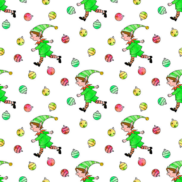 无缝图案有圣诞精灵男孩，树球。新年圣诞的背景和纹理。适用于贺卡、包装纸、包装、纺织品、织物、印刷品等图片下载