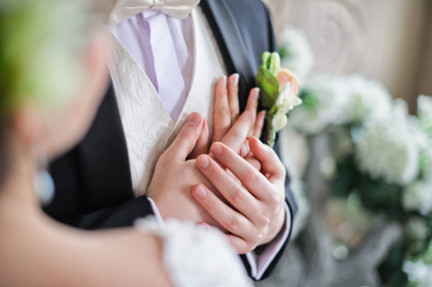 新娘和新郎手牵着手。婚礼庆典，是新娘和新郎举行的婚礼。图片下载