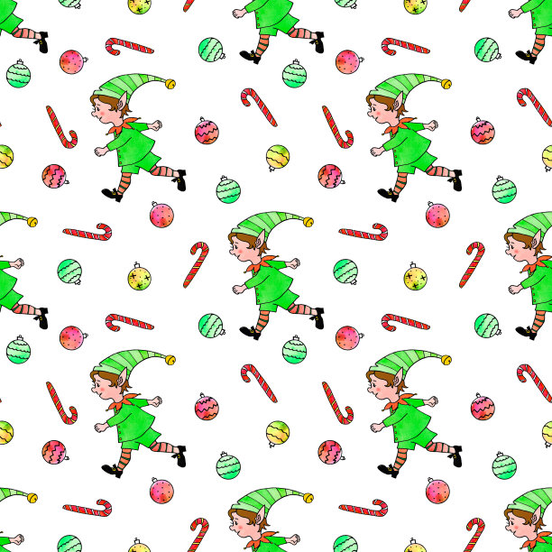 无缝图案有圣诞精灵男孩，糖果手杖，糖果，树球。新年圣诞的背景和纹理。适用于贺卡、包装纸、包装、纺织品、织物、印刷品等图片下载