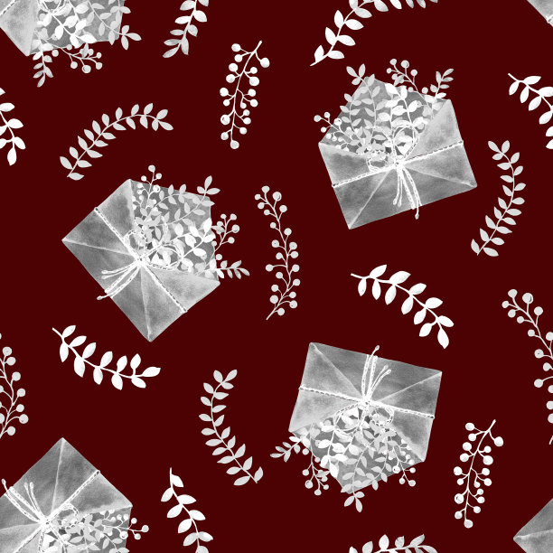 无缝模式与邮件信封和小枝花在一个红色的背景。手绘水彩插图设计背景，封面，包装，包装，婚礼，模板。图片下载