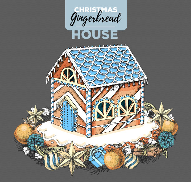 手绘圣诞姜饼屋和节日花环。甜蜜的面包店图片下载